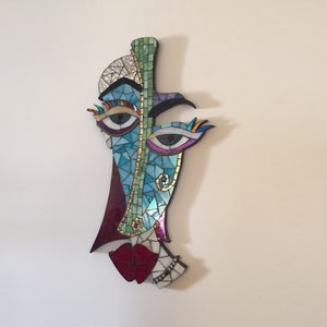 Glass mosaic woman sculpture, cubist & abstract wall hanging, funny Picasso face, handmade decor gift, blue unique mosaic art, wall art