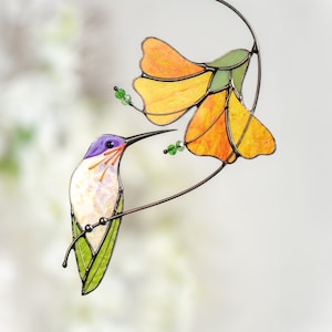 Hummingbird stained glass bird suncatcher Fathers Day gifts Modern stained glass window hangings Custom stained glass flower suncatcher