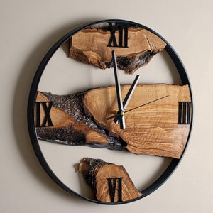 Handmade Olive Wood Clock with Metal Frame, Live Edge Wall Clock, Rustic Wall Decor, Wall Hangings, Housewarming Gifts, Anniversary Gifts