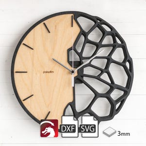 Futuristic Organic Wall Clock, Original Digital Design - svg, dxf for CNC Laser Cutting made of 3mm Plywood, DIY Project, "Kletka 3.0"