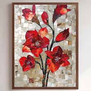 Printable Mosaic Wall Art Floral Stained Glass Print Mosaic Flower Poster Mosaic Wall Art Print Gift for Nature Lover Abstract Flower Design