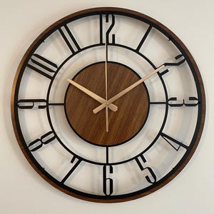 Large Wooden Metal Wall Clock, Mid Century Modern Wood Wall Clock, Farmhouse Clock Gift, Unique Silent Clock, Modern Metal Wooden Clock Gift