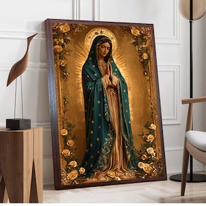 Stained Glass Virgin Mary Wall Art, Our Lady of Guadalupe Print, Mosaic Religious Canvas, Catholic Spiritual Decor, Prayer Room Artwork