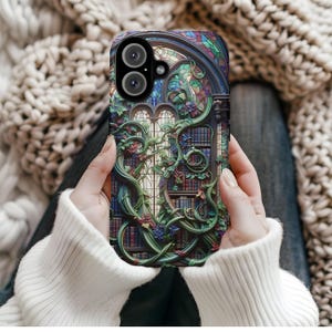 Stained Glass Effect Phone Case Dark Academia Floral Bookshelf Tough MagSafe Cover for iPhone 14 15 16 Pro Max Plus Book Lover Gift